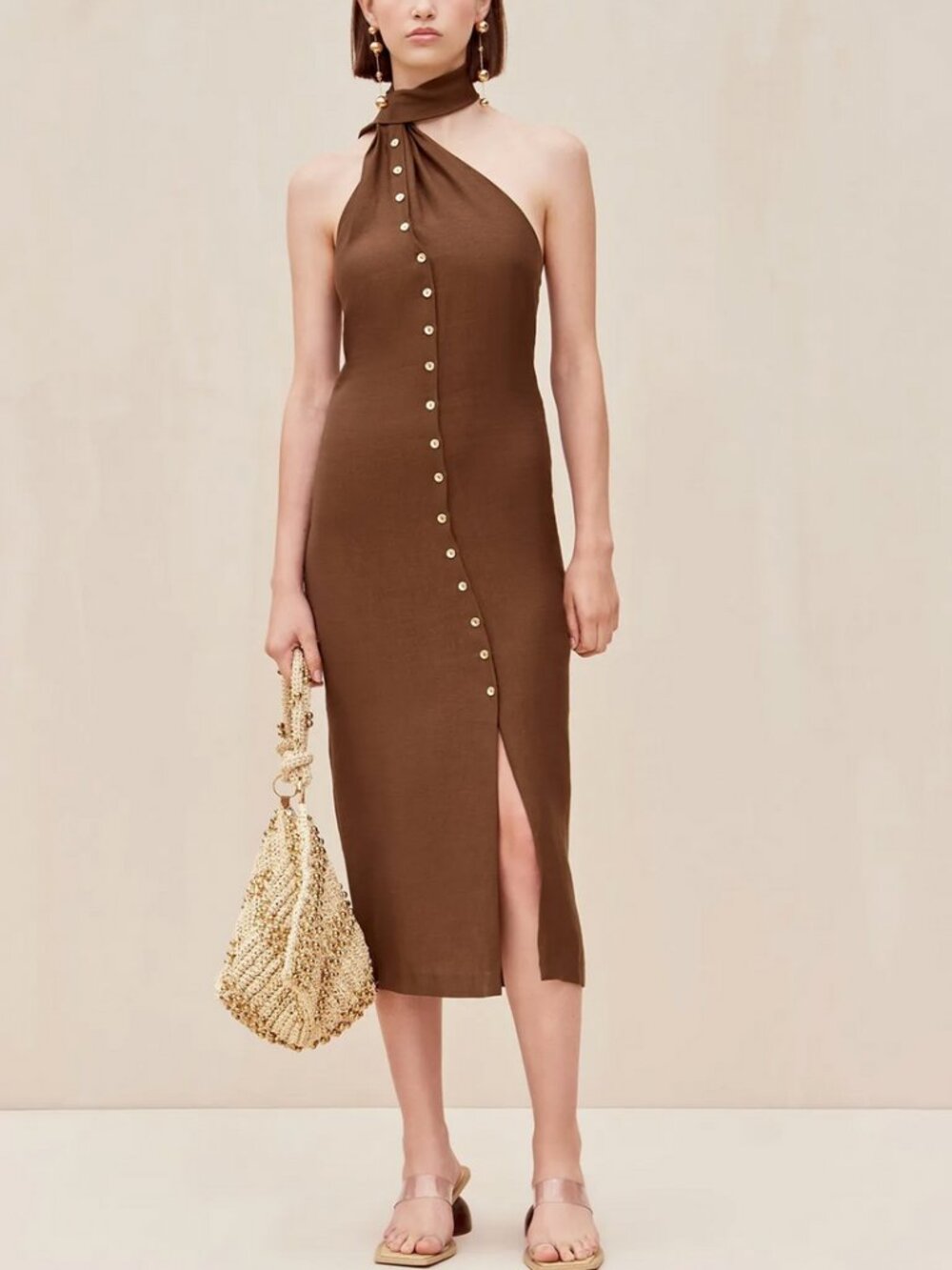 BEST Cult Gaia Romia Midi Dress XSmall Affogato Brown Halter Vacation Cocktail